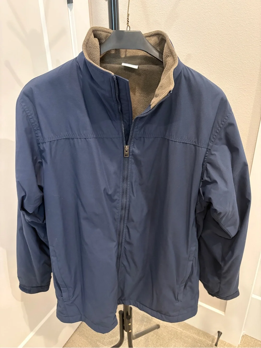 Columbia Men's Navy Jacket with Tan Fleece Lining and zip pockets - large